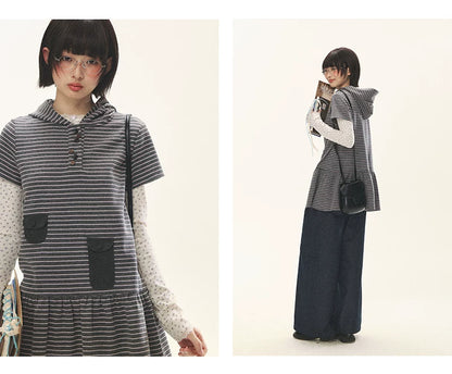 "Seoul Diary" Gray & Pink Stripe Hooded Knit Mini Dress