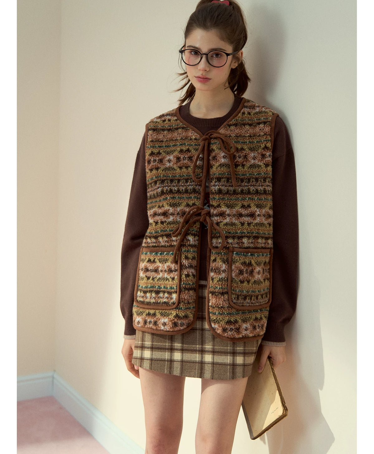SunsetPark - "Mocha Fair Isle" Caramel Reversible Bow-Tie Faux Fur Vest Top