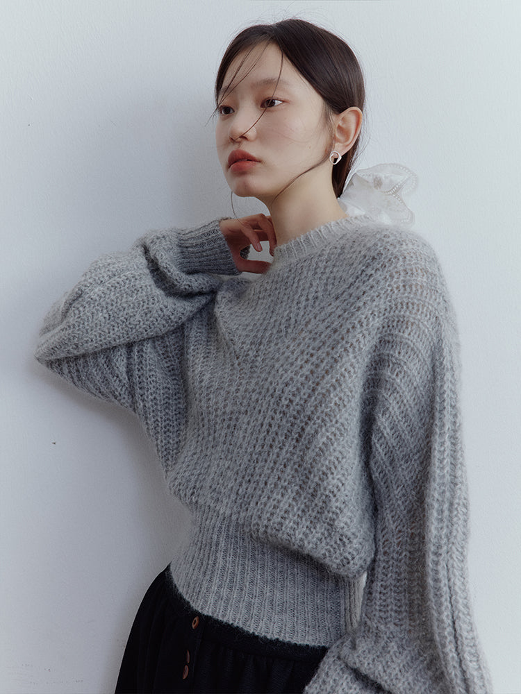 FUSSED Lazy Furry Mist Gray Wool & Baby Mohair Color-Block Sweater FOF-25SS133