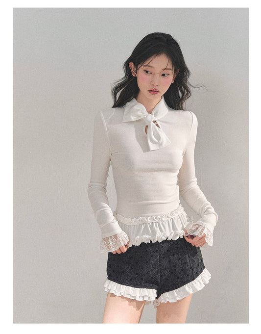 少也眼 “She Breaks the Moonlight” Ruffled Lace Knit Tee 11.18-3