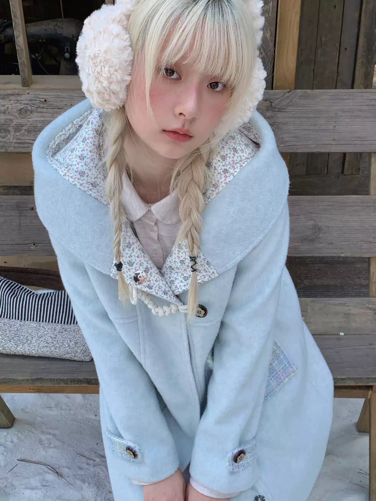 RF - Light Blue Plaid Mid-Length Wool-Blend Coat with Toggle Closures