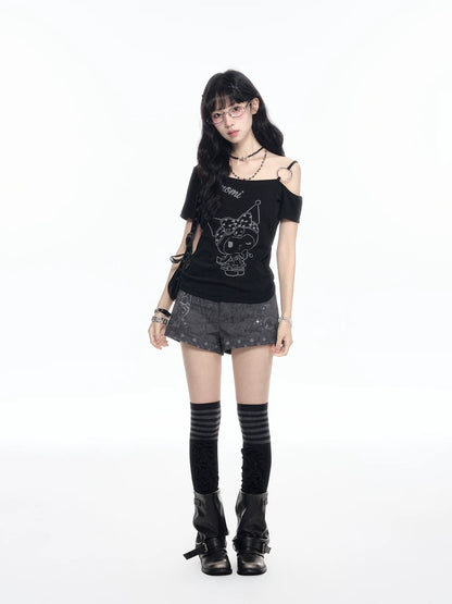 170726K "Shadow Rebel" Black Asymmetrical Shoulder Collection (One-Shoulder Tee / Casual Shorts)