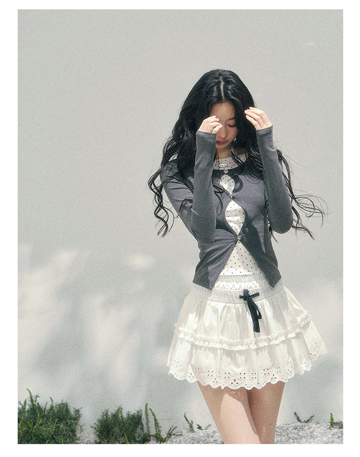 少也眼 "Twilight Pause" Faux Two-Piece Polka Dot T-Shirt in Soft Silver Gray 45234752