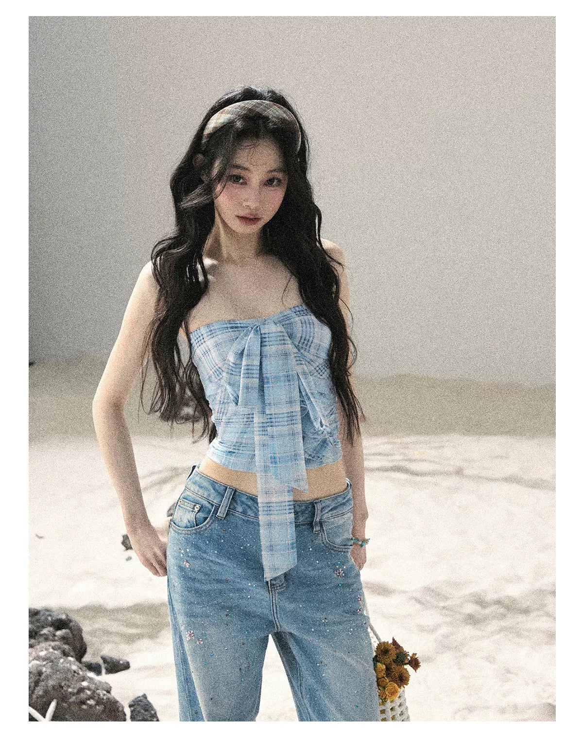 "Blue Danube Reverie" Mist Blue Bow Bandeau Crop Top & Cardigan Set 54638463