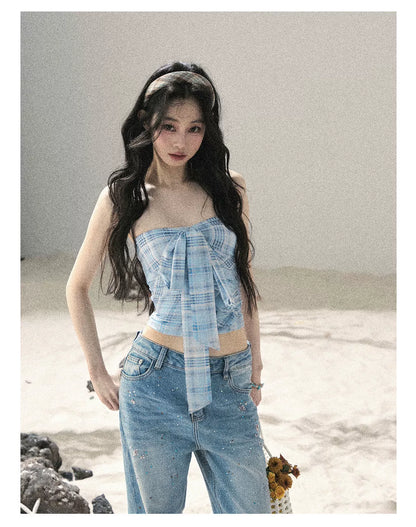 "Blue Danube Reverie" Mist Blue Bow Bandeau Crop Top & Cardigan Set 54638463