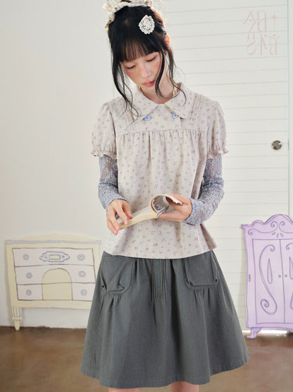 DAILY ARTIST - Lace-Trim Tuck-Pleat A-Line Skirt (White / Gray)