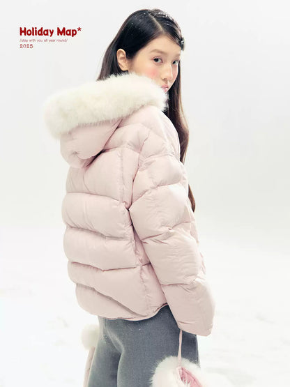 "Snowland Sprite" Peach Blush Lilac Hooded Down Jacket with Detachable Faux Fur Trim & Gloves
