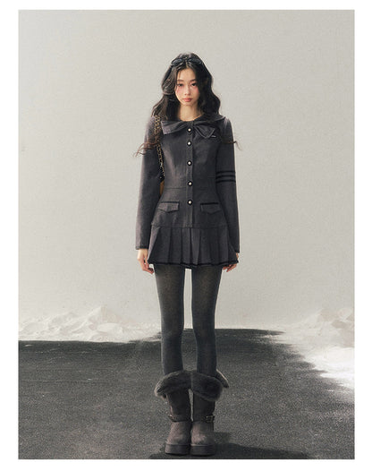 少也眼 “Delicia” Gray Preppy Bow Pleated Dress