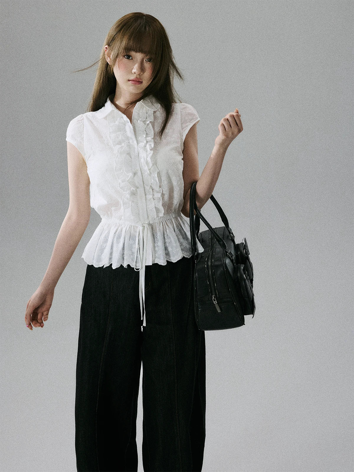 LOST FOREST - White Embroidered Ruffle Sleeve Cotton Blouse
