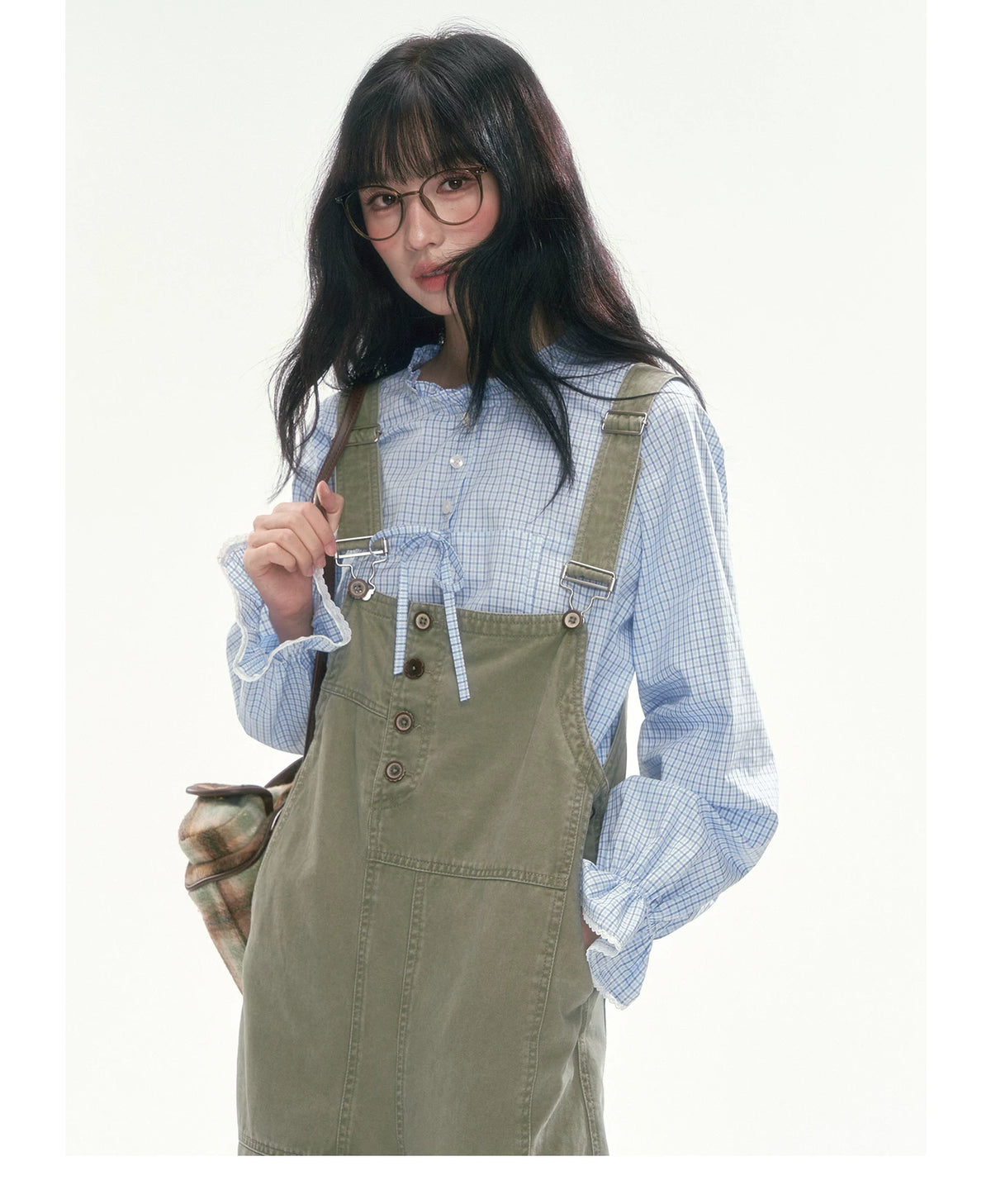 [CAN] Olive Green Floral-Trim Cargo Overalls