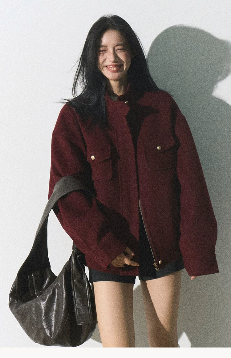 OAKMOO/ "Plum Blossom Mood" Angora Red Wool-Blend Harrington Jacket