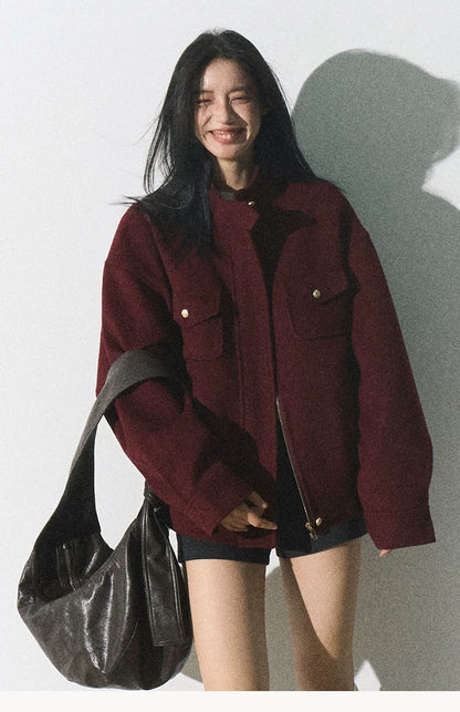 OAKMOO/ "Plum Blossom Mood" Angora Red Wool-Blend Harrington Jacket