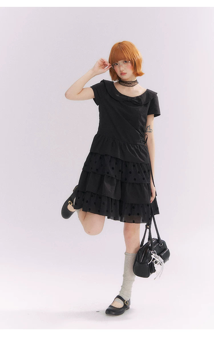 “Midnight Sweetheart” Black Korean-Style Bow Polka Dot Tiered Dress