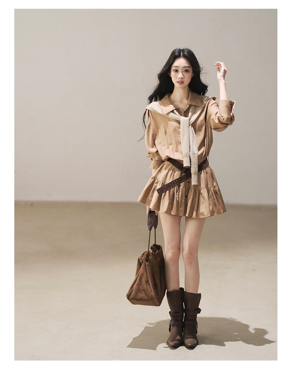 170726 "Through the Golden Wheat Fields" Chestnut Brown Utility Shirt Mini Dress with Belt & Shorts