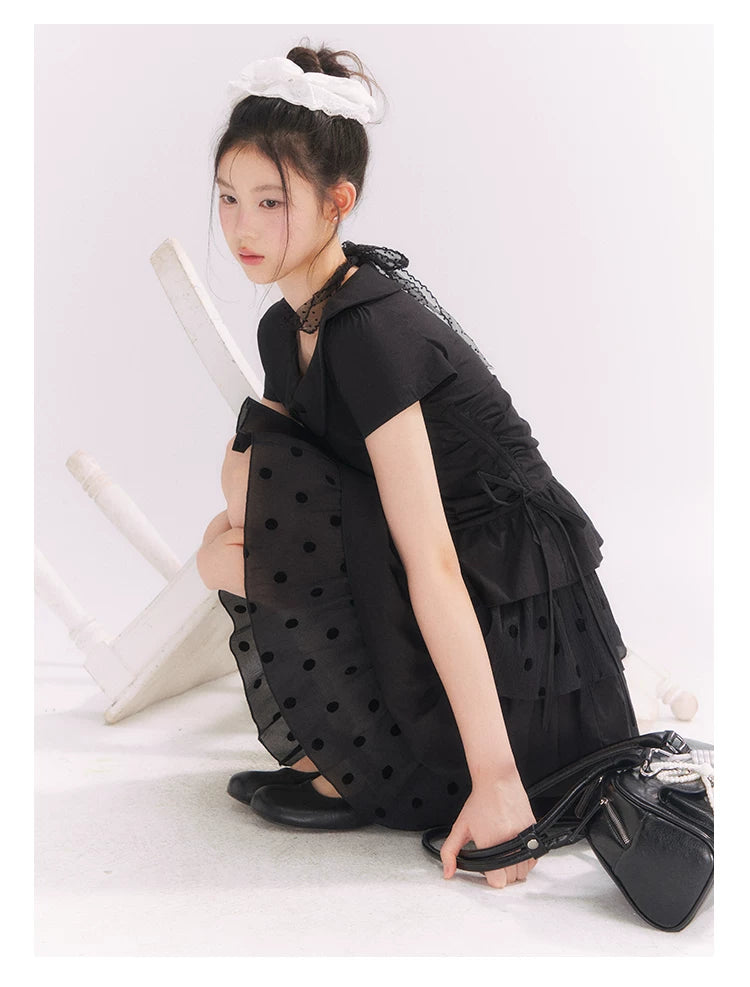 “Midnight Sweetheart” Black Korean-Style Bow Polka Dot Tiered Dress