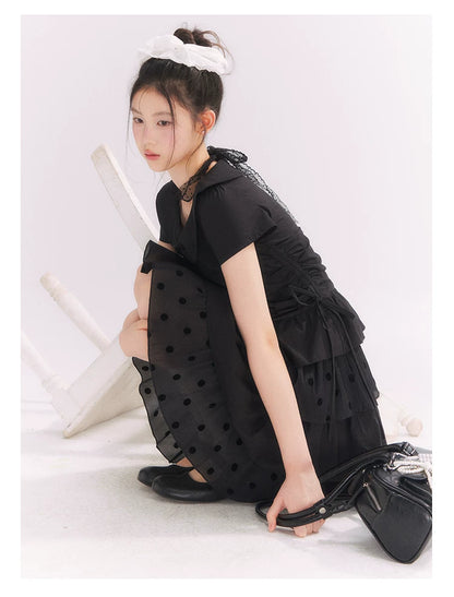 “Midnight Sweetheart” Black Korean-Style Bow Polka Dot Tiered Dress