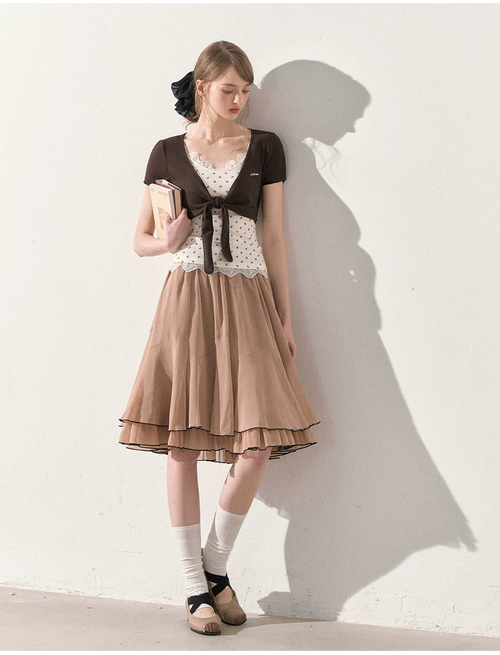 "Summer Café Encounter" Chocolate Knit Cardigan, Floral Lace Cami & Mocha Chiffon Skirt Set