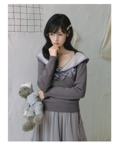"Sage Whisper" Ethereal Layered Collection (Sailor Knit Sweater / Pleated Midi Skirt / Mesh Overlay Skirt)