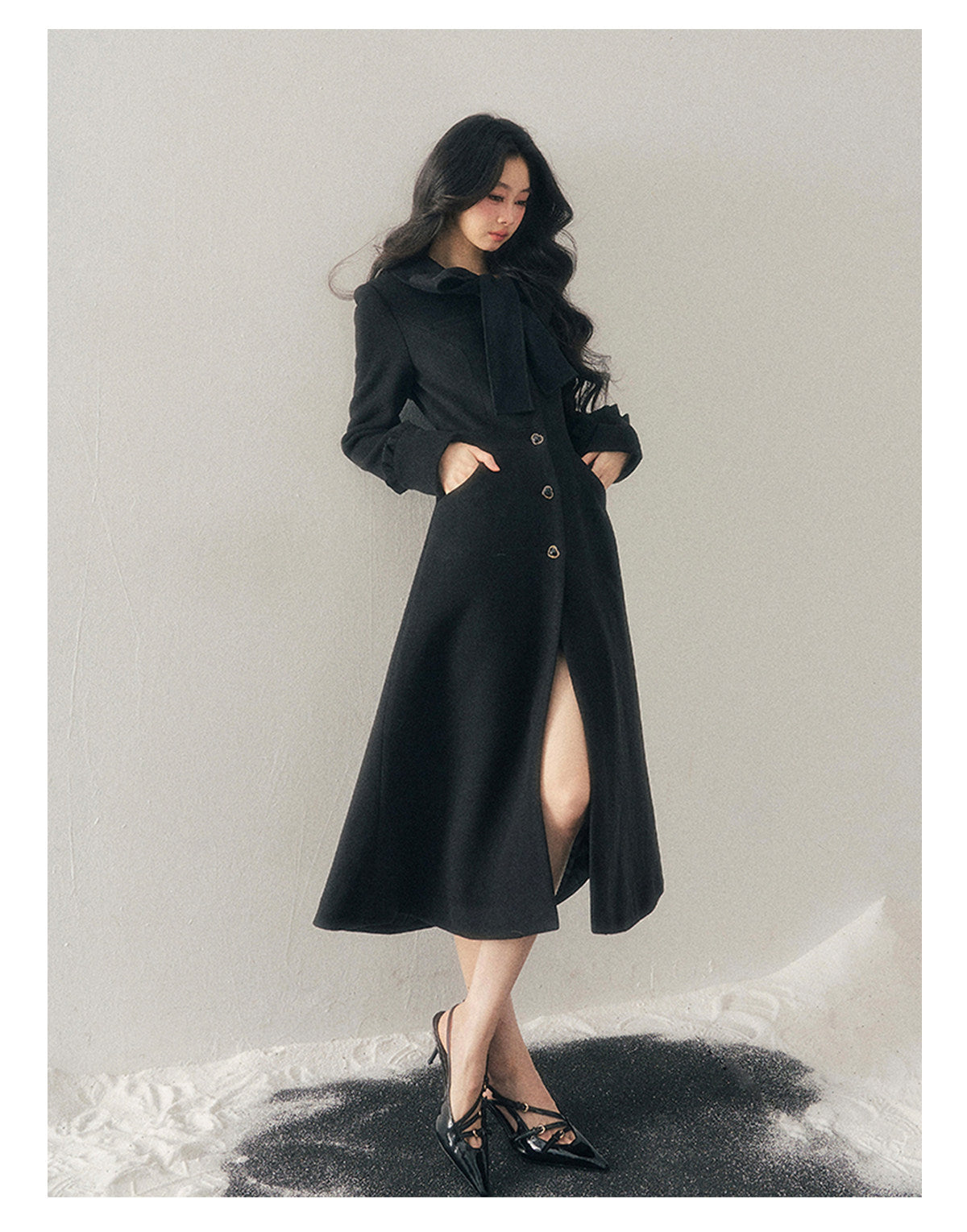 少也眼 "Snowfall Night" Wool-Blend Padded Coat – Rock Black Bow Edition
