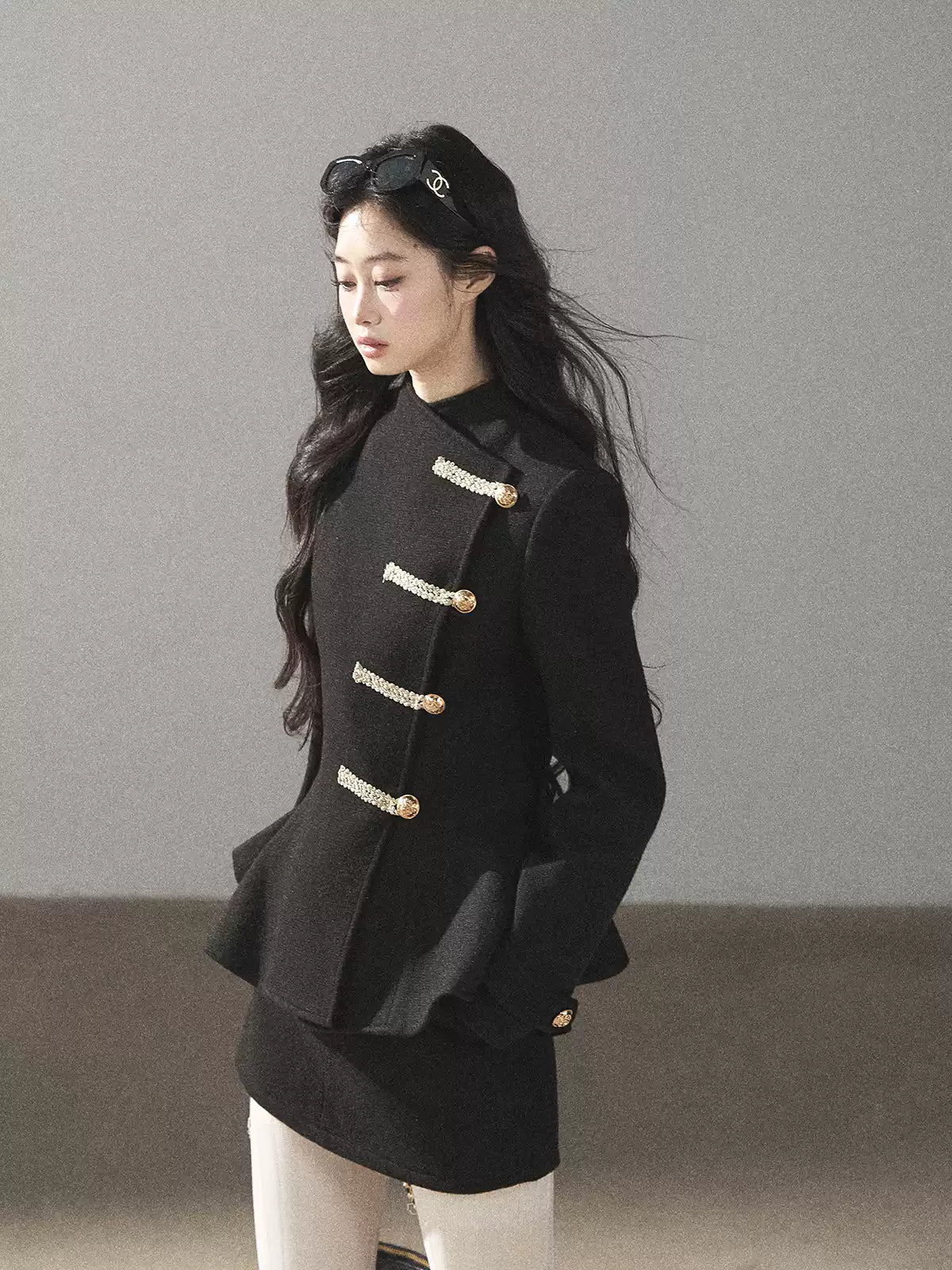 AOMALM - Quiet Black Fitted Fish-Tail Jacket & A-Line Skort Set