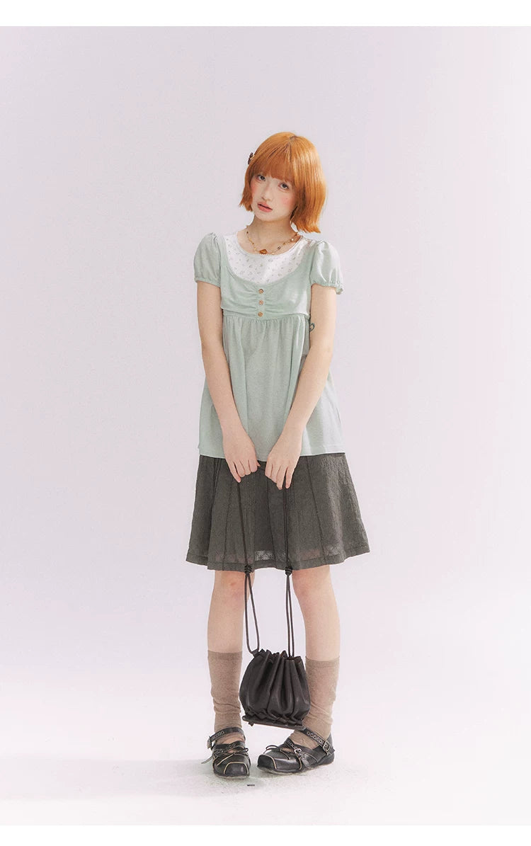 “Vintage Layered Charm” Mint Green Floral Layered Puff Sleeve T-Shirt