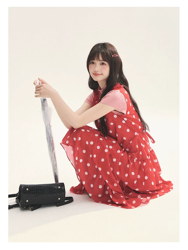 "Polka Dot Layers" Red Polka Dot Tiered A-Line Maxi Cami Dress