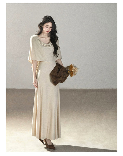 AOMALM - French-Inspired Two-Piece Maxi Dress Set with Layered Cape Overlay