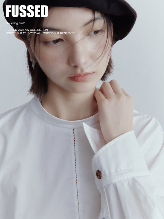 FUSSED Everyday Nerd Cotton Eyelet-Paneled Shirt in Mist White FOF-25SS136a