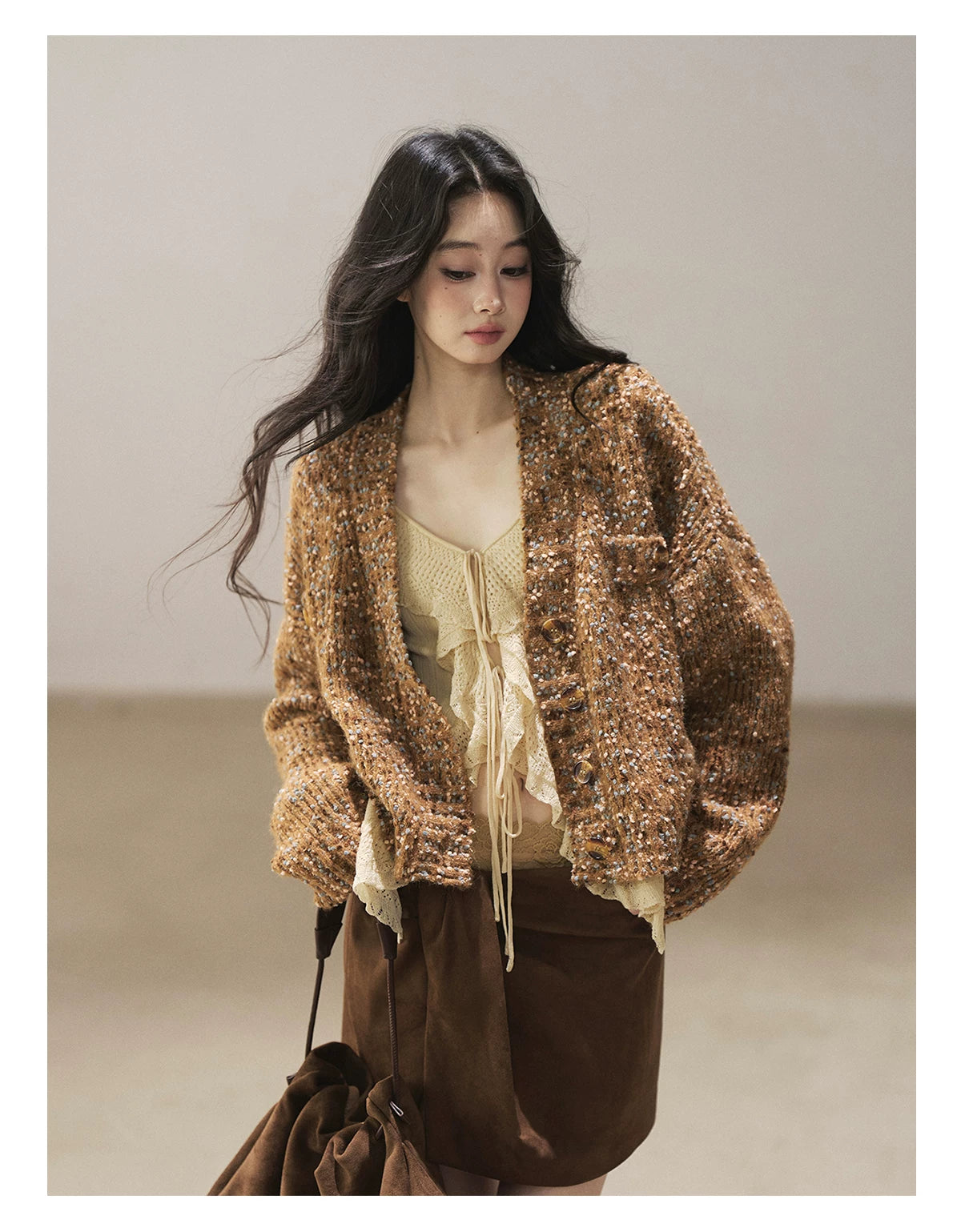 AOMALM - "The Gap of Light" Cheese Yellow Korean Ruffle Lace-Trim Knit Cardigan