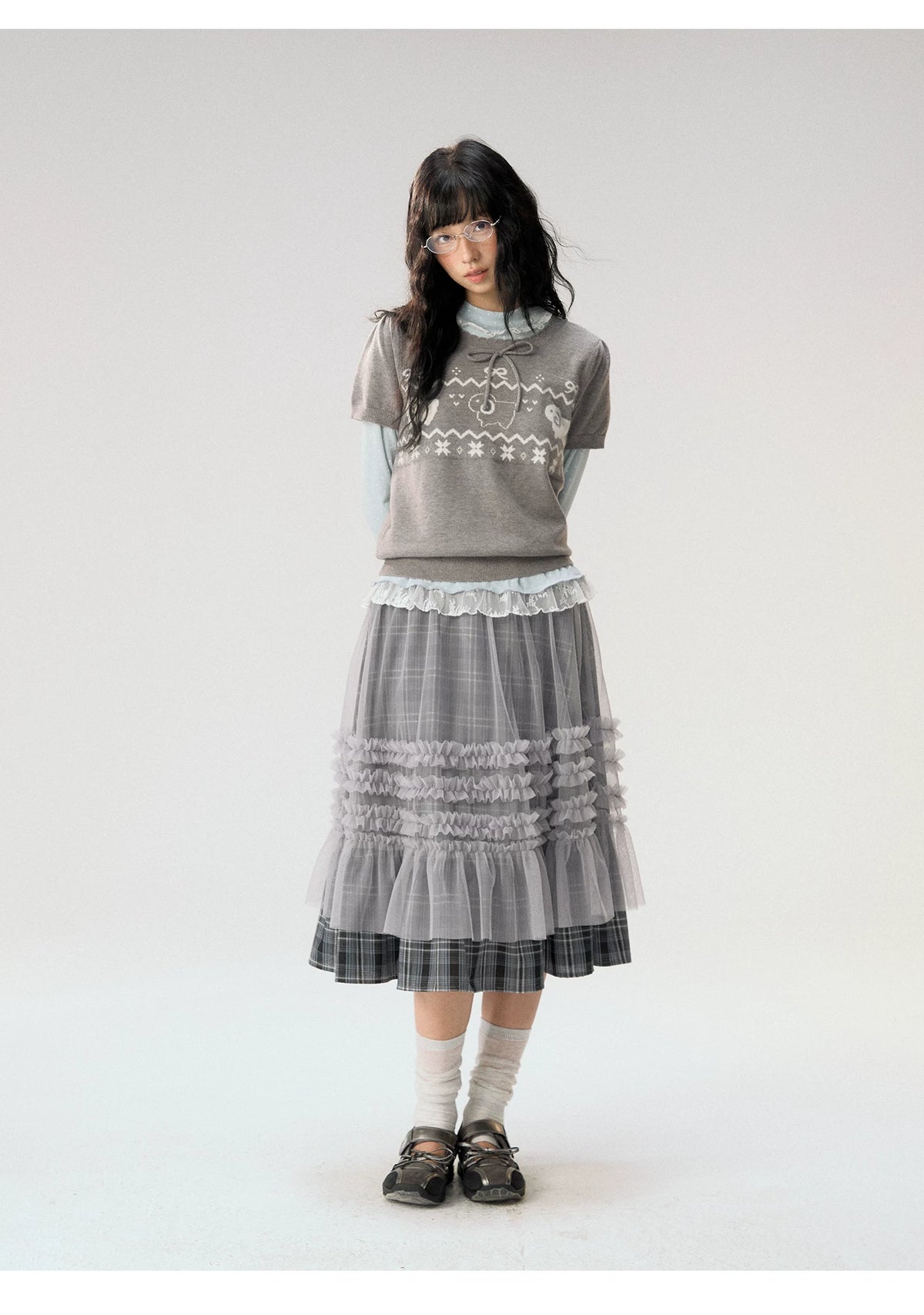 [CAN] "Little Lamb Adventure" Gray Jacquard Bow-Detail Short Sleeve Knit Top