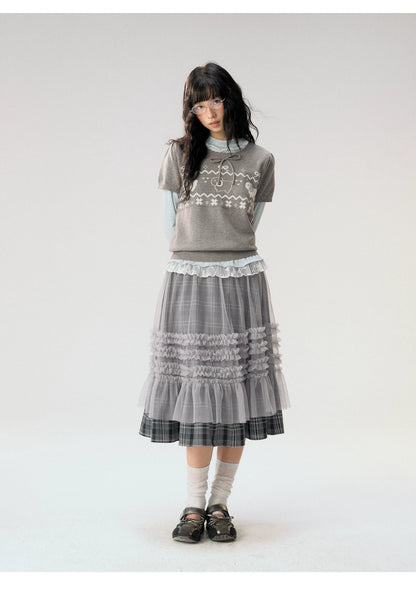[CAN] "Little Lamb Adventure" Gray Jacquard Bow-Detail Short Sleeve Knit Top