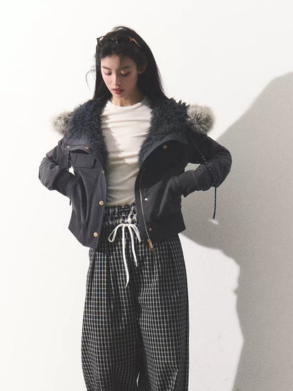 OAKMOO/ "Energy & Freedom" Mocha Gray Fur-Collar Cropped Hoodie Jacket