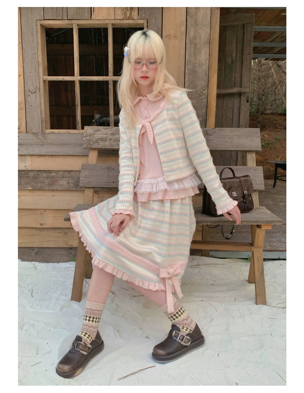 RF - Candy Stripe Floral Knit Cardigan and Midi Skirt Set