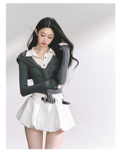 少也眼 "London Art Student" Layered Polo Long Sleeve Crop Tee