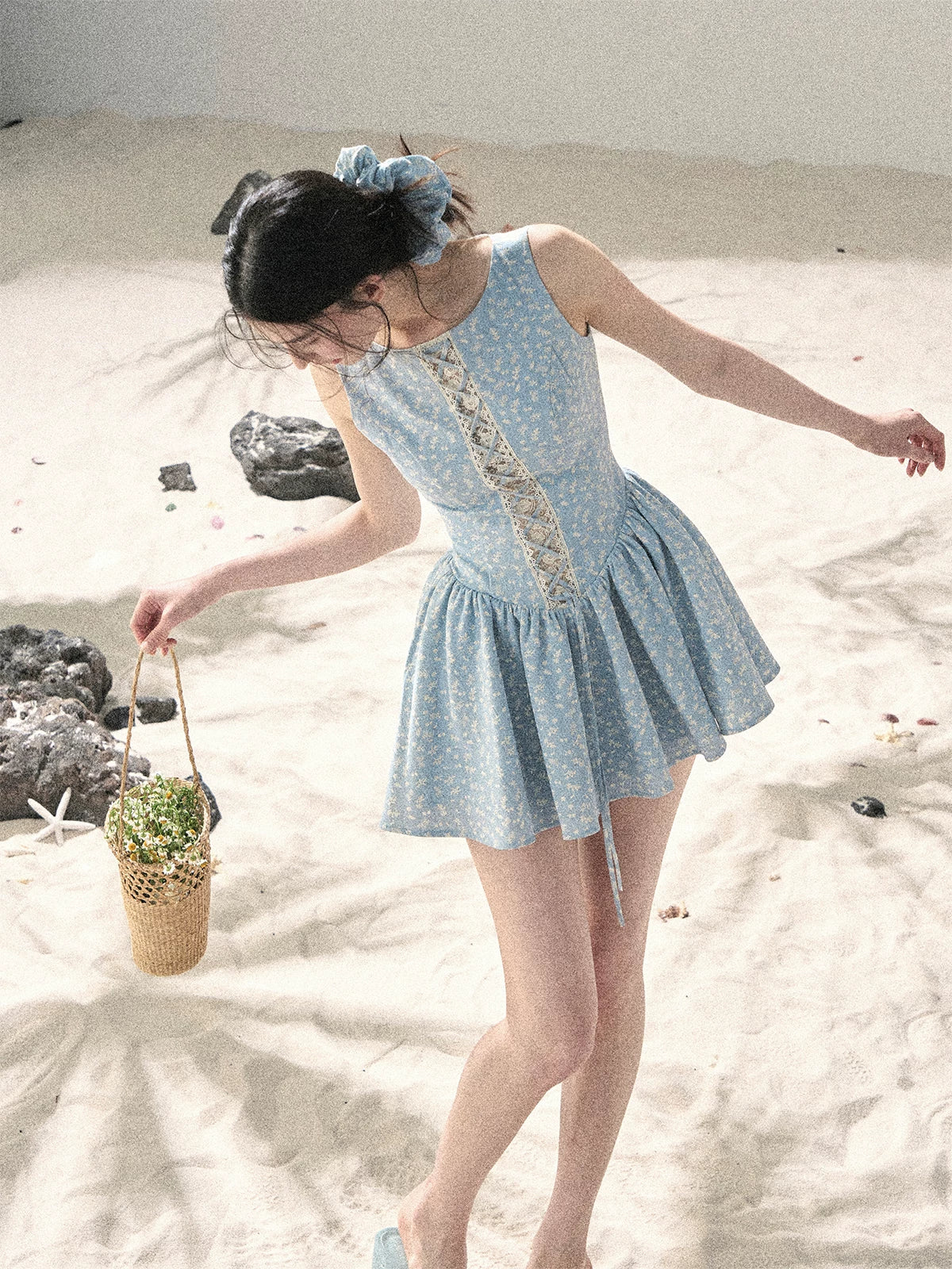 "Sage Summer" Haze Blue Lace Floral Puff Mini Dress