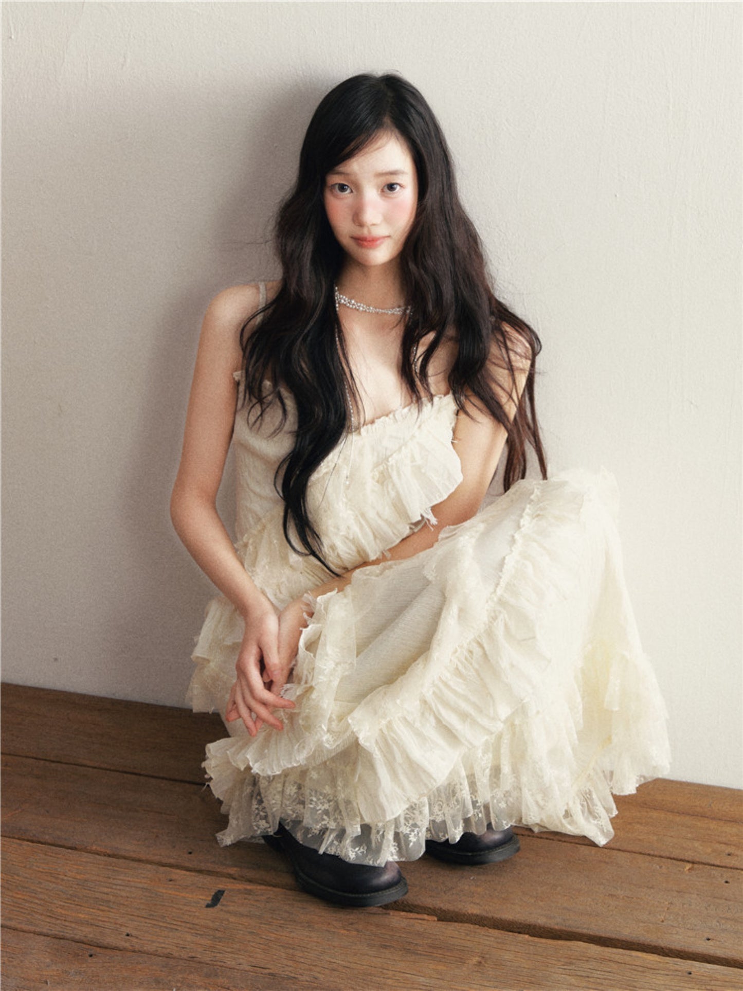 1P - Ivory Lace Ruffle Pleated Camisole Dress