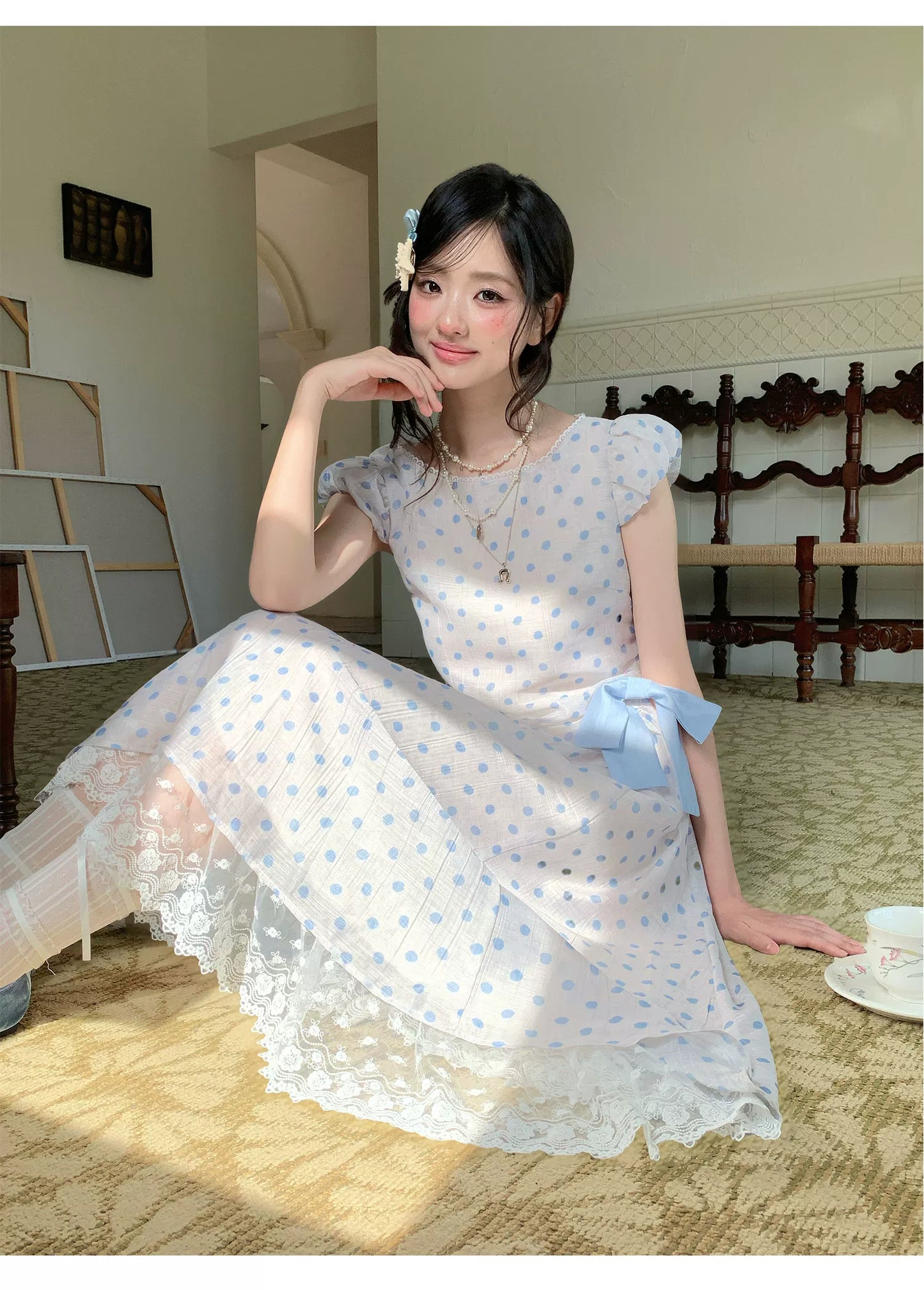 “Blue Mist Polka Reverie” Mist Blue Bow Lace Dress