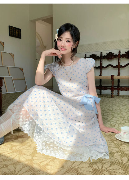 “Blue Mist Polka Reverie” Mist Blue Bow Lace Dress