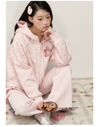 [RF] Polka Dot Hoodie and Pants Set with Zip Closure in Soft Pink