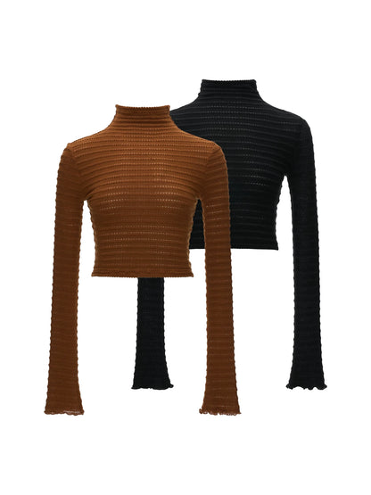 MAMC - Ribbed High-Neck Fitted Long-Sleeve Top (Black / Brown)