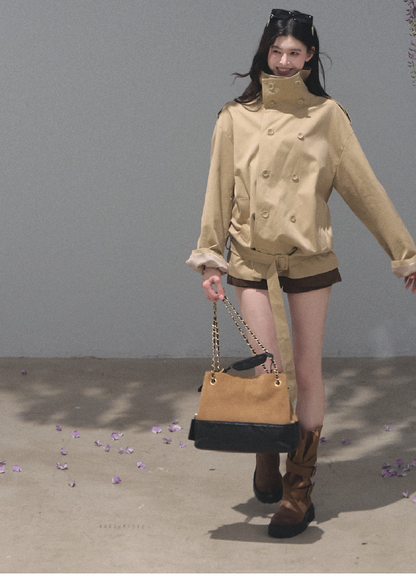 OAKMOO/ Belted Double-Breasted Trench Jacket (Deep Black / Hazel Khaki)