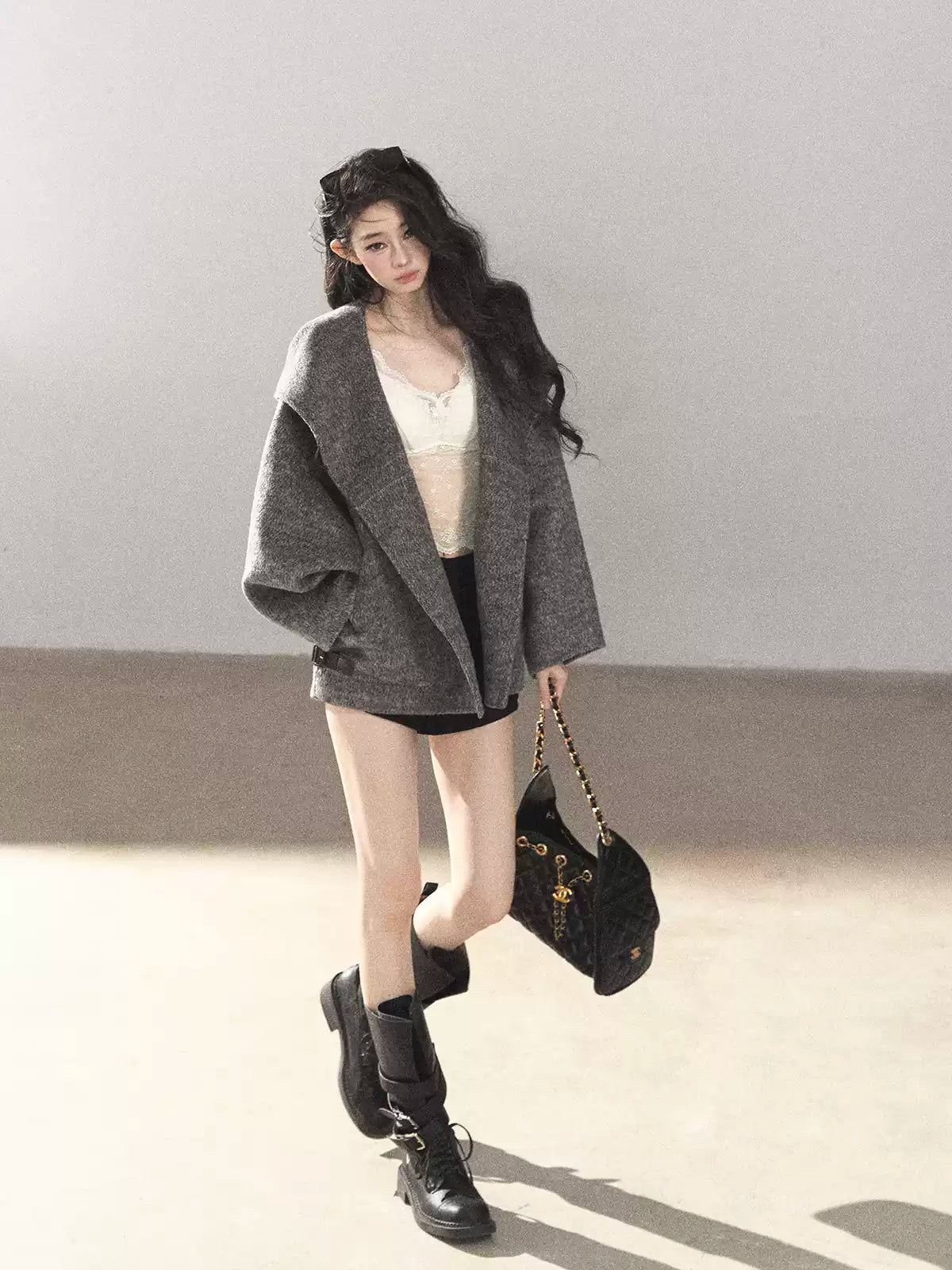 AOMALM - Dark Heather Gray Hooded Wool-Blend Jacket (With Inner Bra)