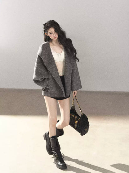AOMALM - Dark Heather Gray Hooded Wool-Blend Jacket (With Inner Bra)