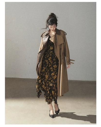 AOMALM - Black & Golden Brown Floral Ruffle Maxi Dress with High Side Slit