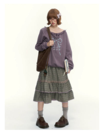 Deep Purple Bow-Tie Lettuce-Trim Off-Shoulder Sweatshirt
