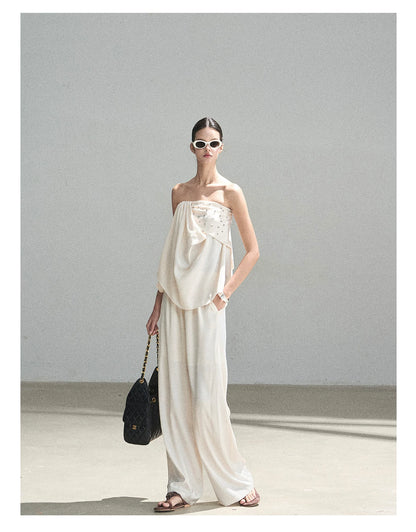 "Summer Rain at Dusk" Cream Beige Satin Two-Piece Set