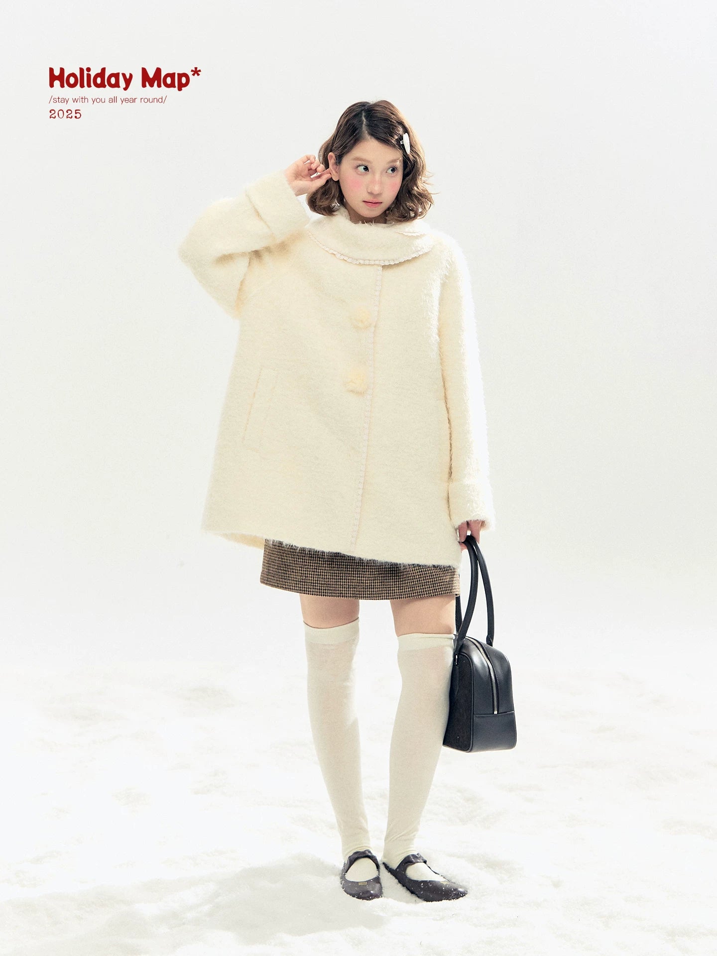 "Snow-Kissed Sakura" Ivory Wool-Blend Quilted Mid-Length Coat with Detachable Plush Flowers