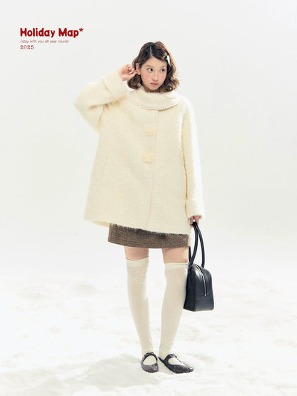"Snow-Kissed Sakura" Ivory Wool-Blend Quilted Mid-Length Coat with Detachable Plush Flowers