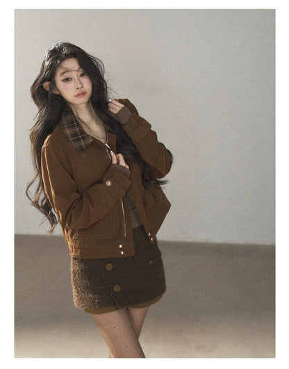 AOMALM - Gray Caramel Cropped Fitted Long Sleeve T-Shirt