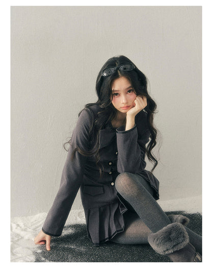 少也眼 “Delicia” Gray Preppy Bow Pleated Dress